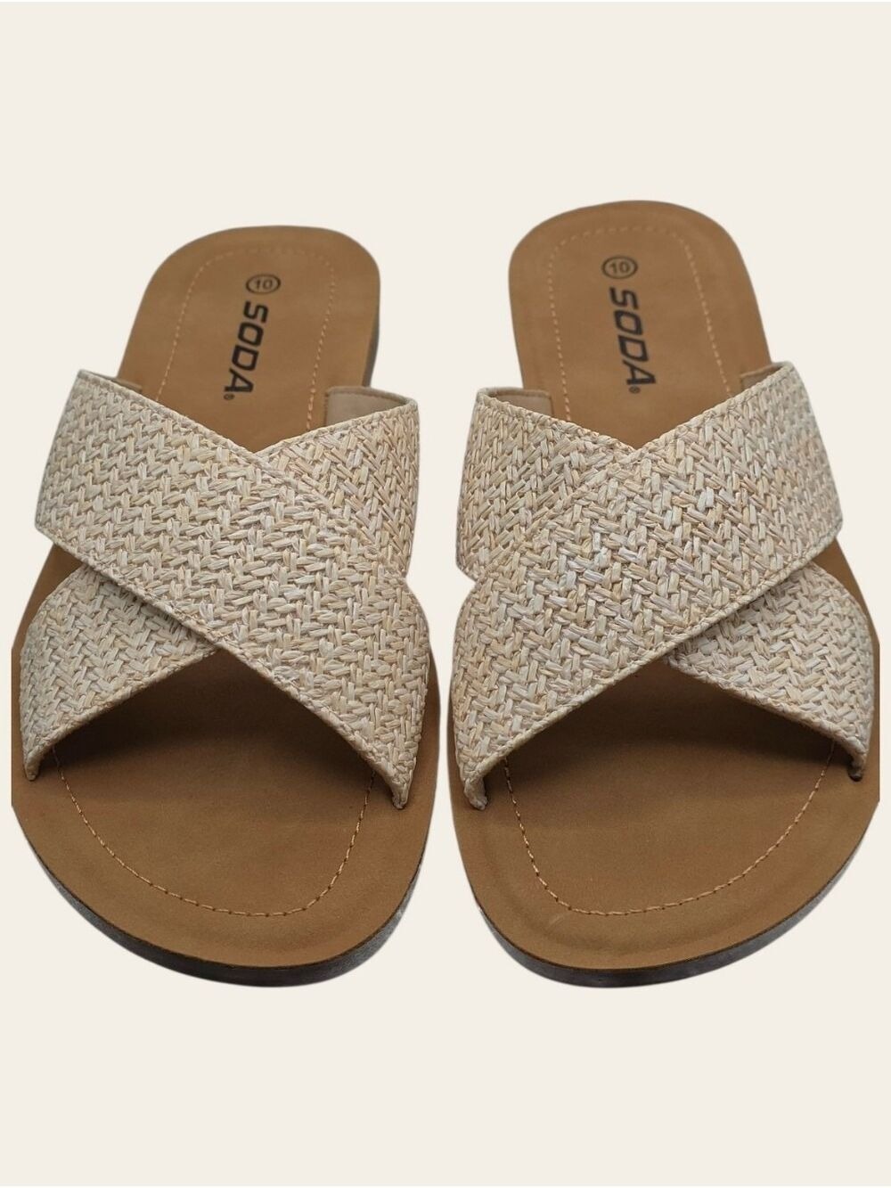 Soda Raffia Nude Criss Cross Slide Sandals Size 10 Resortwear Boho NWOT